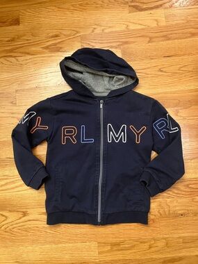 Mayoral Navy Zip Front Hoodie with Multicolor Outline Letters size 4